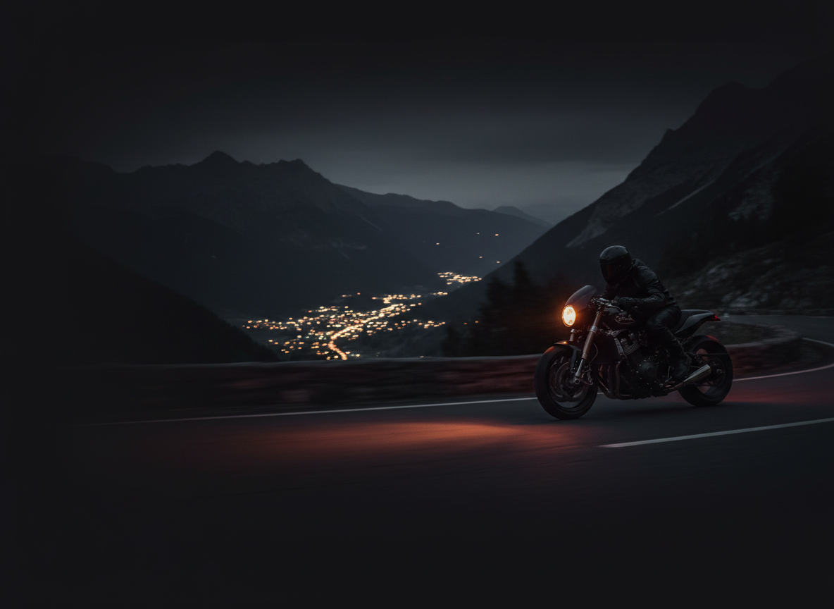 Motorcyclist cornering on a mountain road at night