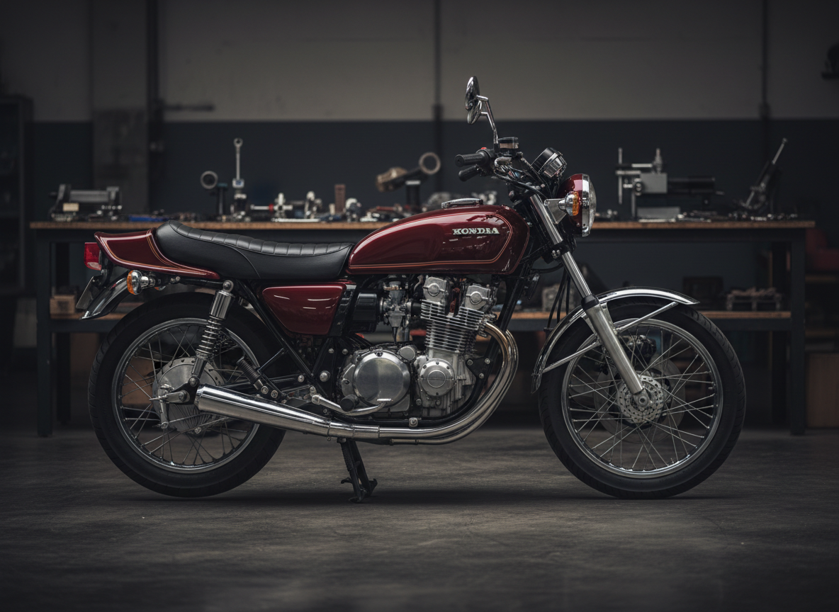 Restored vintage motorcycle in a dark engineering workshop