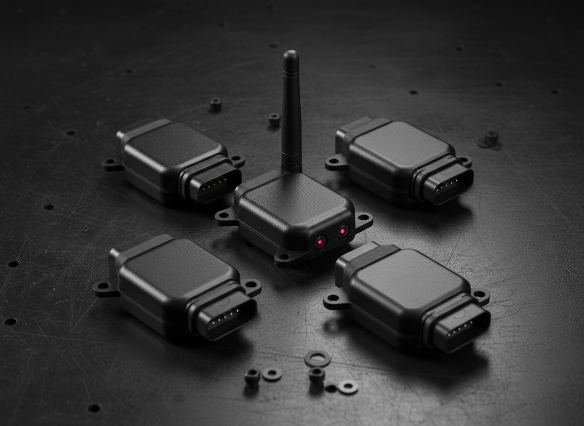 Compact black motorcycle sensor nodes and main hub on an engineering workbench