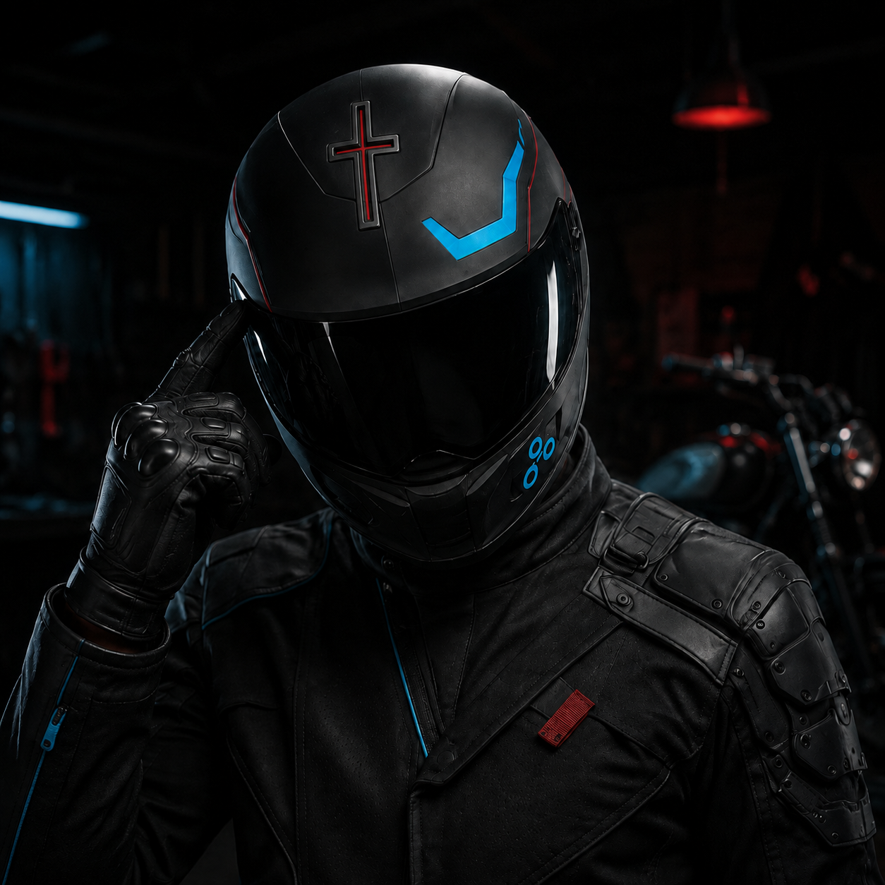 ROOK, the NodeIQ rider character, in black armored gear and a helmet marked with a crimson cross